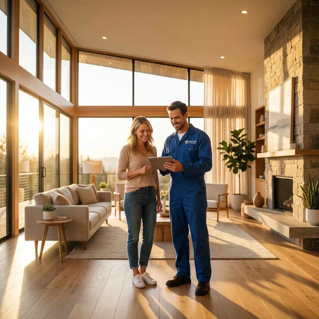 Profesional explicando trabajo a cliente feliz